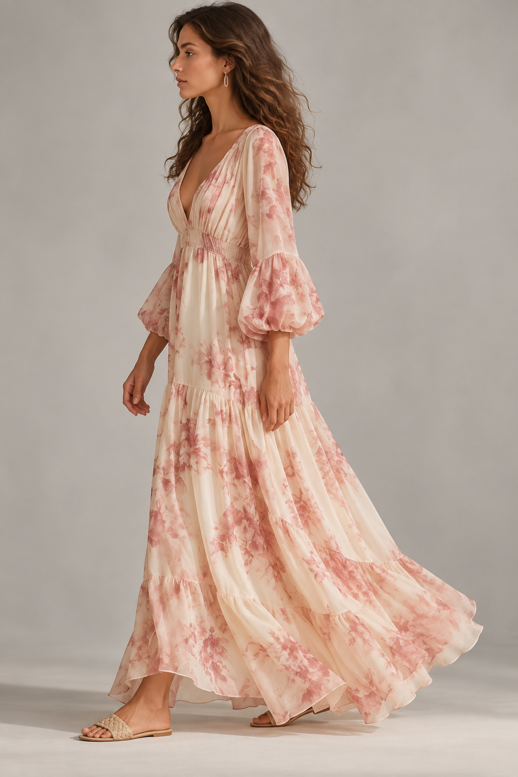 Valentina Pink Floral Long Sleeve Boho Maxi Dress