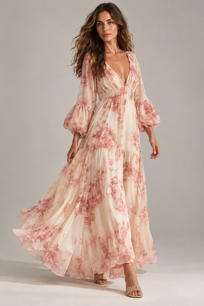 Valentina Pink Floral Long Sleeve Boho Maxi Dress