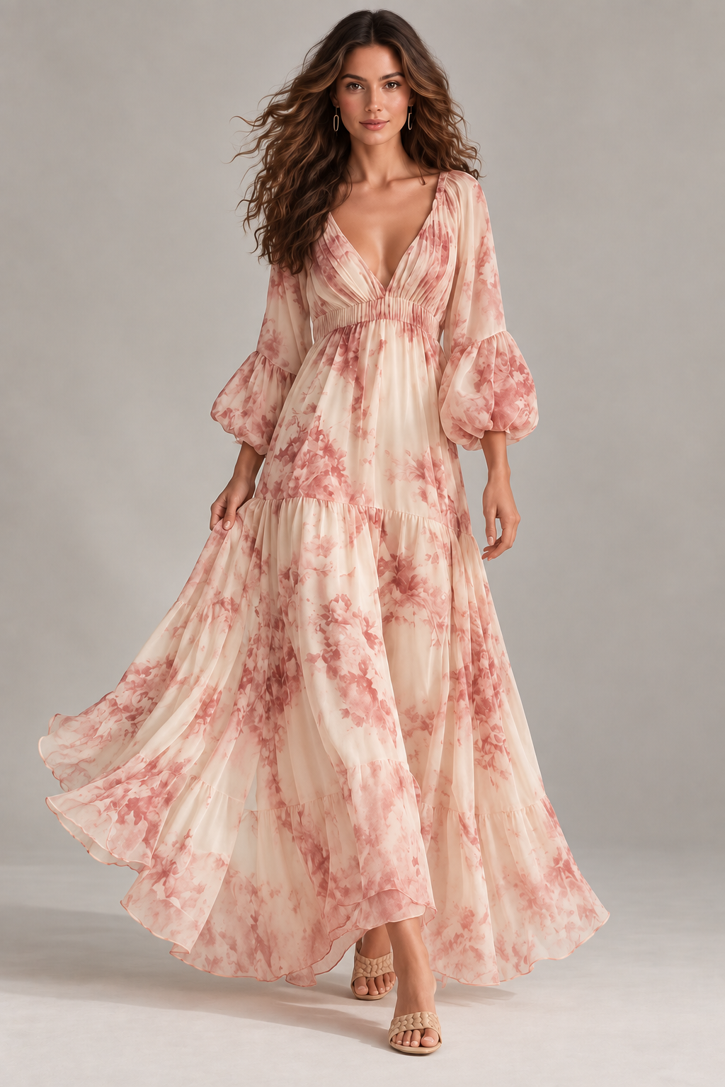 Valentina Pink Floral Long Sleeve Boho Maxi Dress