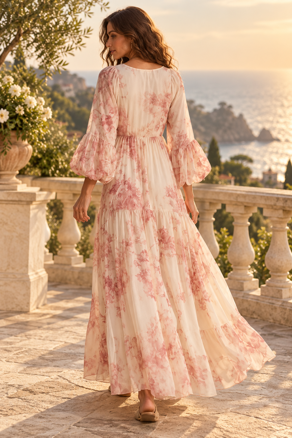 Valentina Pink Floral Long Sleeve Boho Maxi Dress