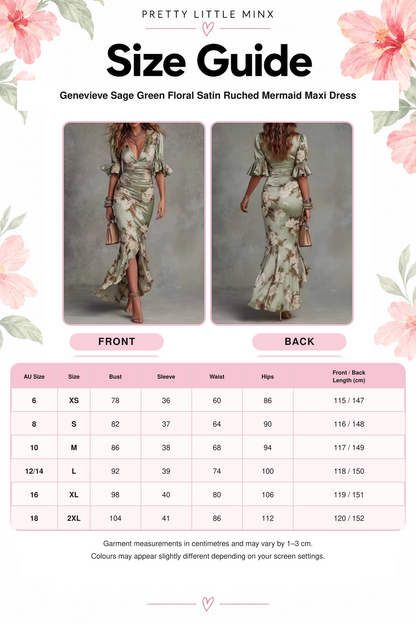Genevieve Sage Green Floral Satin Ruched Mermaid Maxi Dress