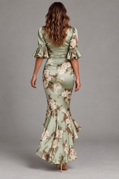 Genevieve Sage Green Floral Satin Ruched Mermaid Maxi Dress