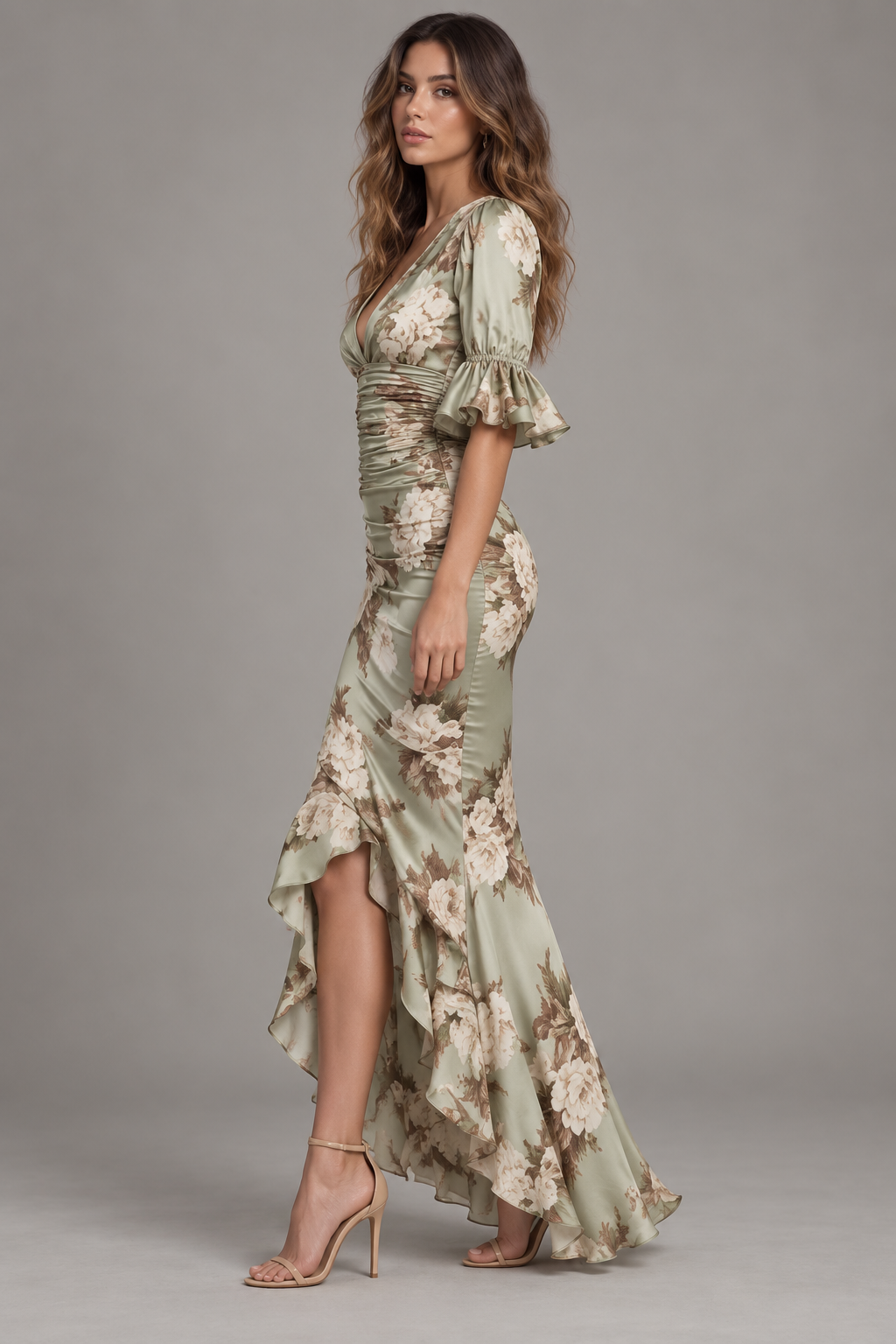 Genevieve Sage Green Floral Satin Ruched Mermaid Maxi Dress