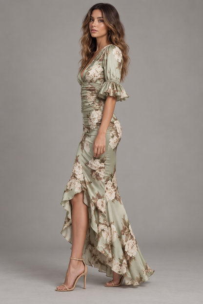 Genevieve Sage Green Floral Satin Ruched Mermaid Maxi Dress