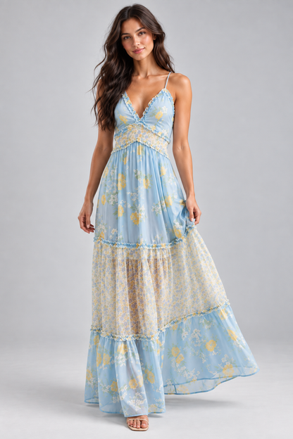 Isla Blue Floral Lace Maxi Dress