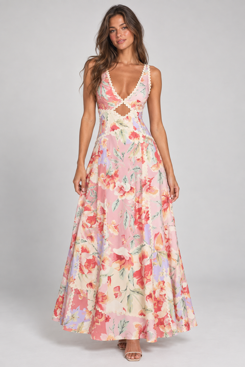 Maribel Floral Cut-Out Maxi Dress – Pink Floral