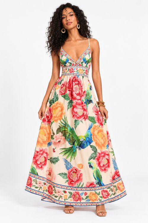 Catalina Tropical Parrot Print Maxi Dress