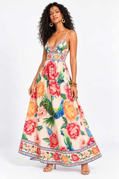 Catalina Tropical Parrot Print Maxi Dress