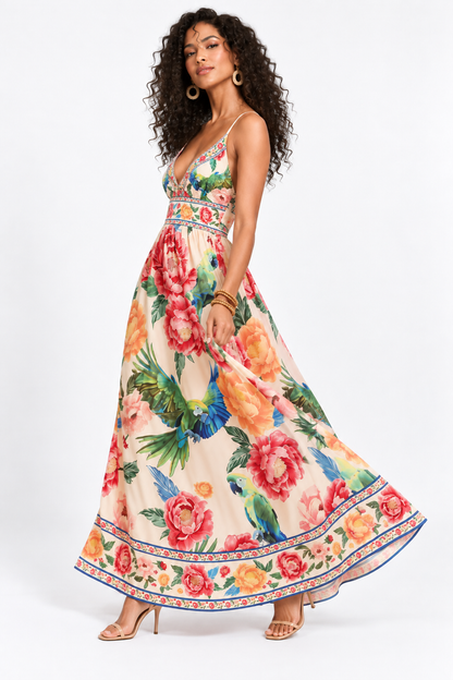 Catalina Tropical Parrot Print Maxi Dress