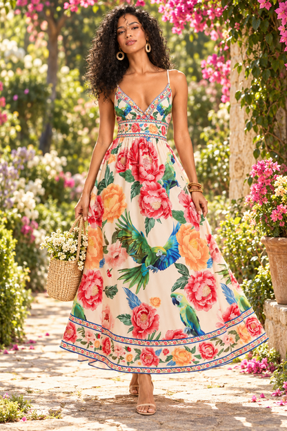 Catalina Tropical Parrot Print Maxi Dress