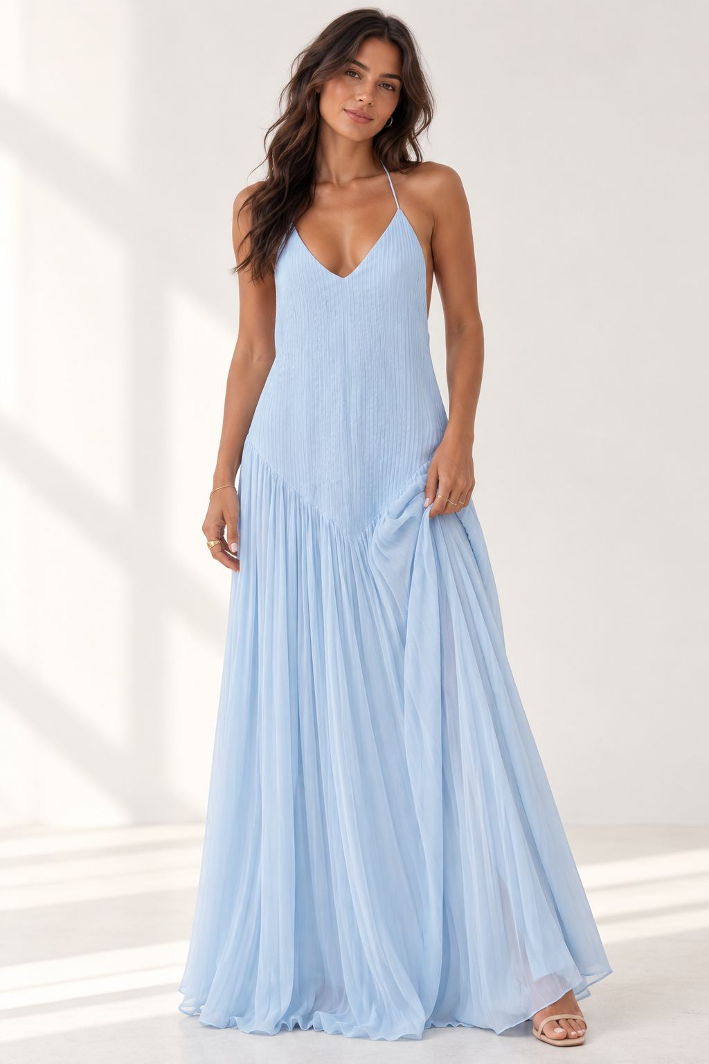 Élodie Pleated Backless Maxi Dress – Baby Blue