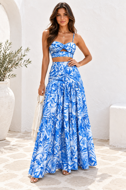 Marbella Floral Crop Top & Maxi Skirt Set – Blue
