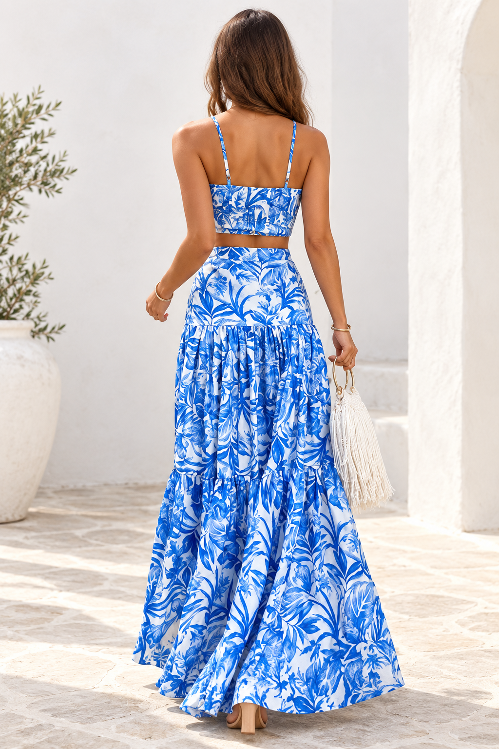 Marbella Floral Crop Top & Maxi Skirt Set – Blue