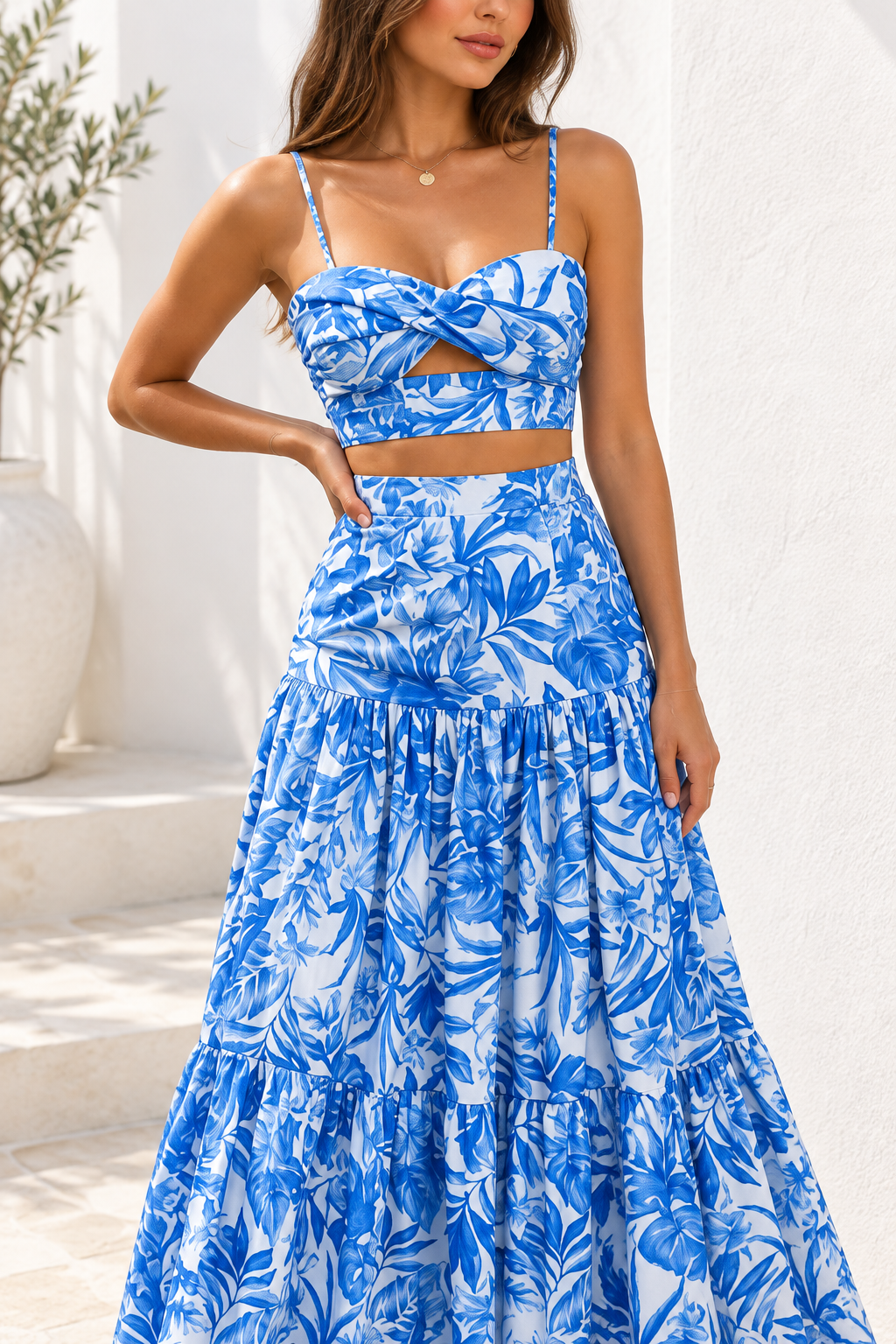 Marbella Floral Crop Top & Maxi Skirt Set – Blue