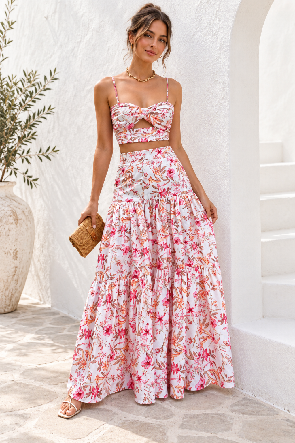 Marbella Floral Crop Top & Maxi Skirt Set – Pink