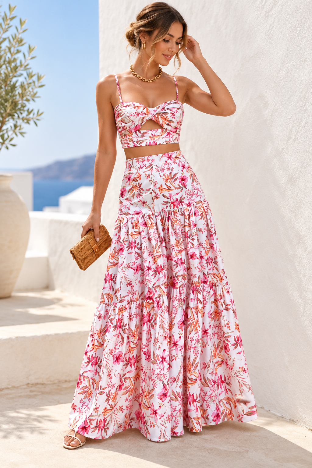 Marbella Floral Crop Top & Maxi Skirt Set – Pink