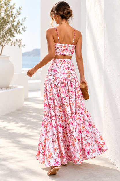 Marbella Floral Crop Top & Maxi Skirt Set – Pink