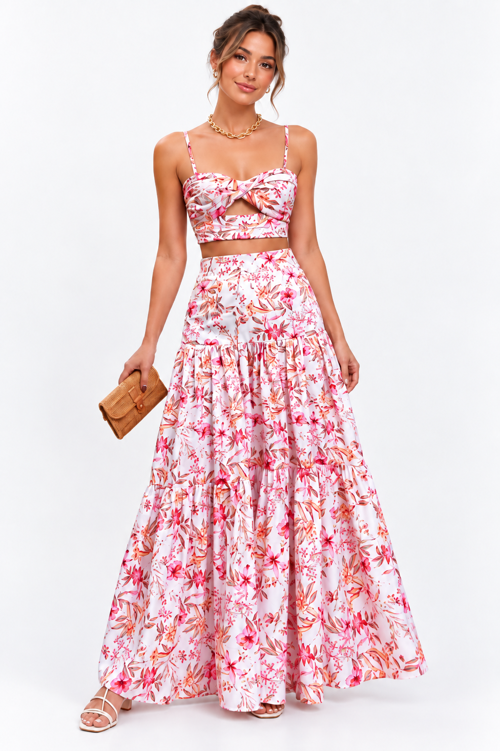 Marbella Floral Crop Top & Maxi Skirt Set – Pink