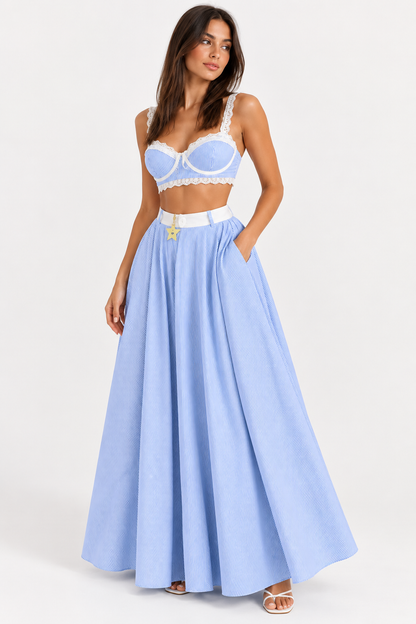 Amélie Blue Stripe Lace Crop Top & Maxi Skirt Set