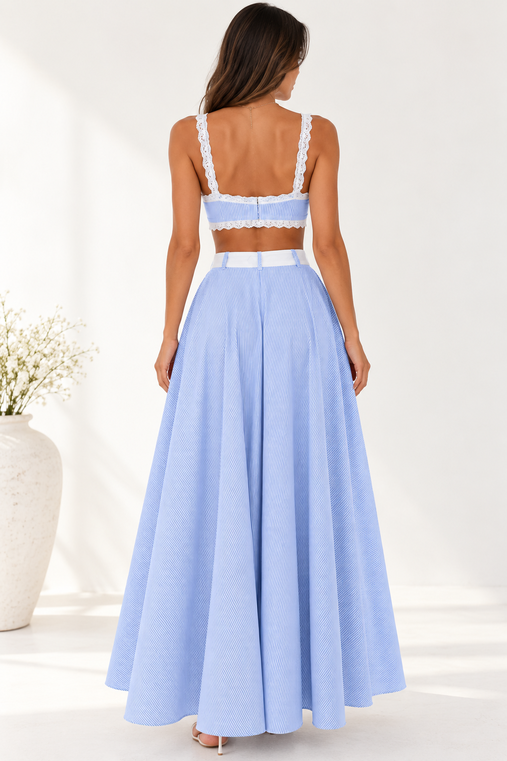 Amélie Blue Stripe Lace Crop Top & Maxi Skirt Set