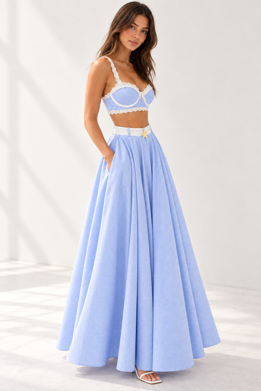 Amélie Blue Stripe Lace Crop Top & Maxi Skirt Set