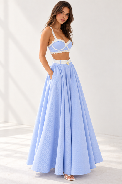 Amélie Blue Stripe Lace Crop Top & Maxi Skirt Set
