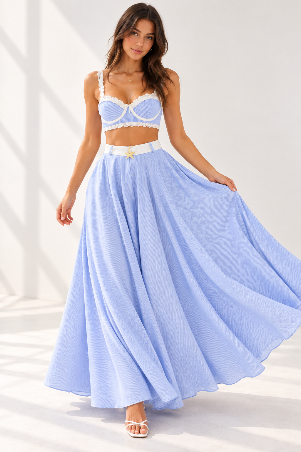 Amélie Blue Stripe Lace Crop Top & Maxi Skirt Set