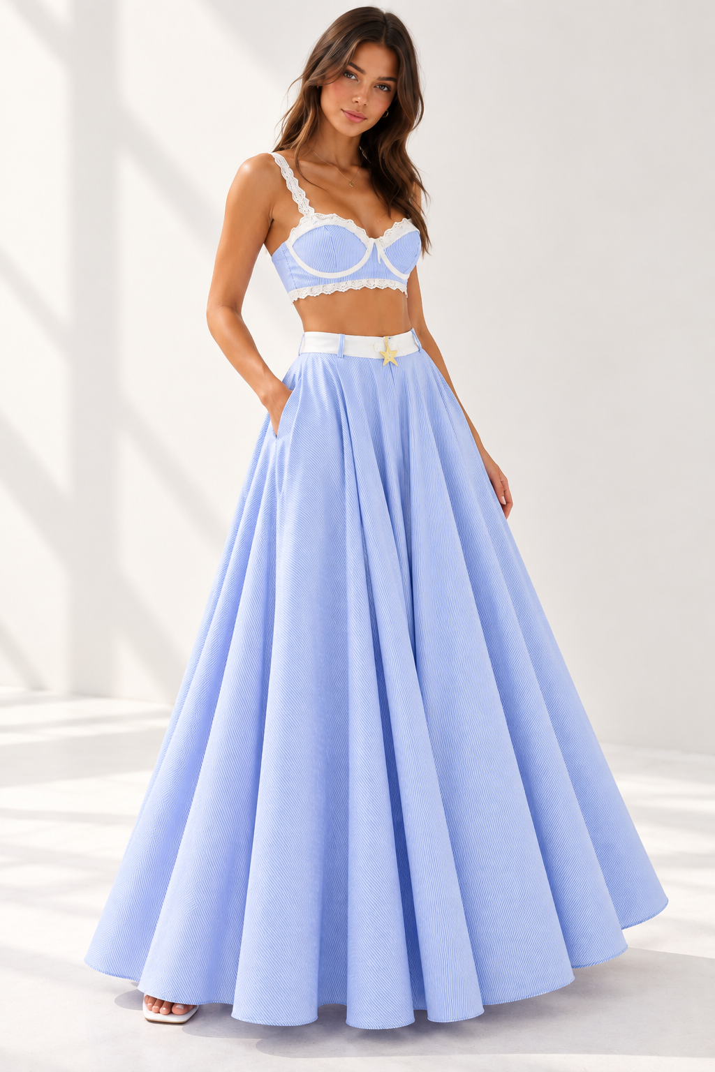Amélie Blue Stripe Lace Crop Top & Maxi Skirt Set