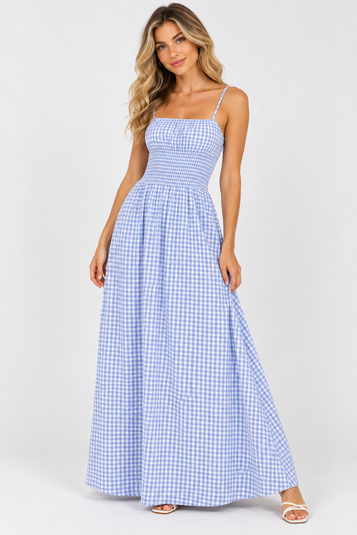 Sienna Gingham Shirred Maxi Dress Blue