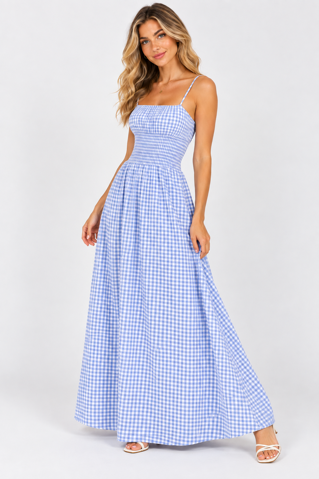 Sienna Gingham Shirred Maxi Dress Olive