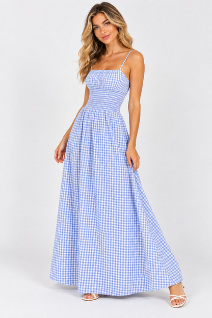 Sienna Gingham Shirred Maxi Dress Olive