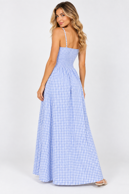 Sienna Gingham Shirred Maxi Dress Olive