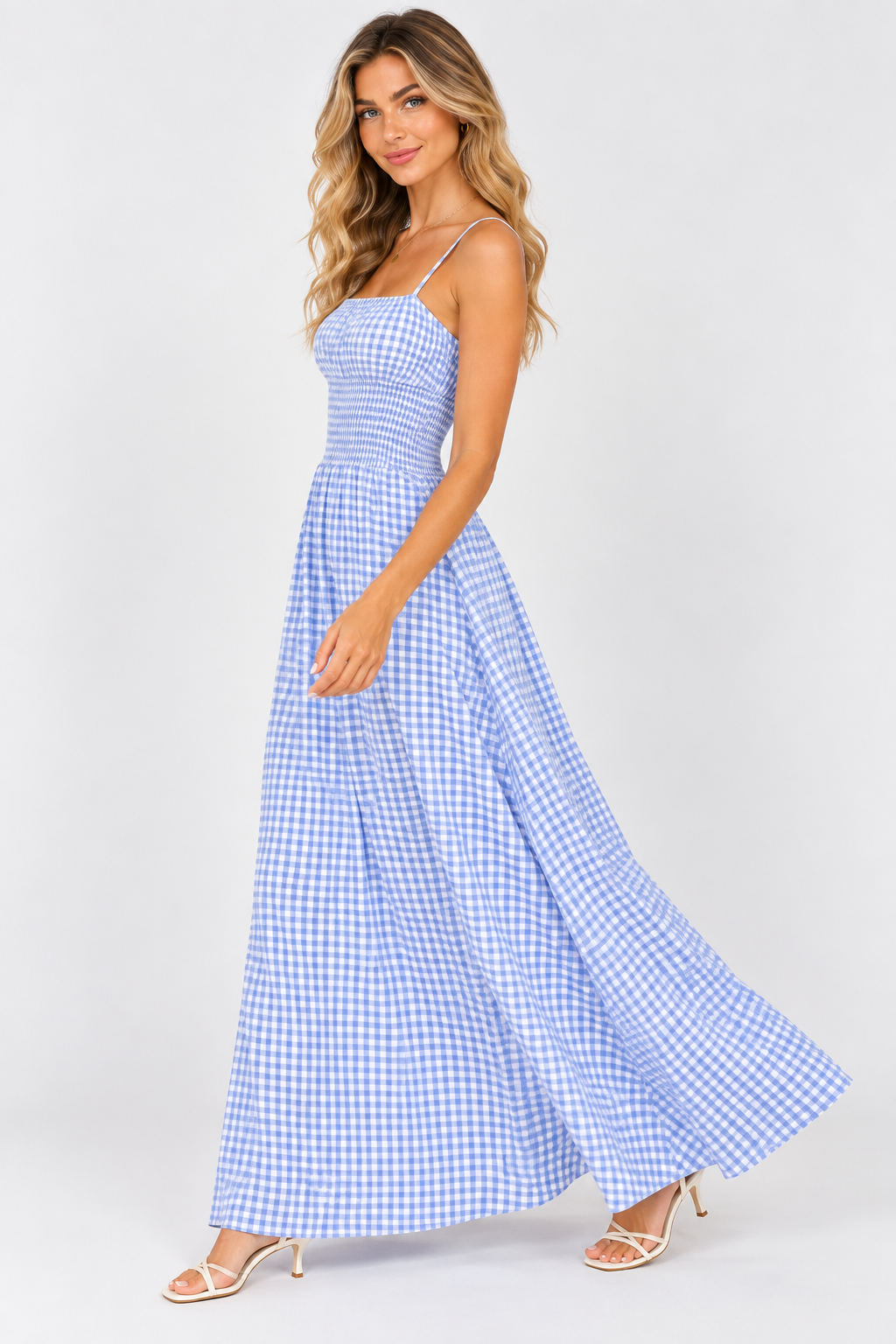 Sienna Gingham Shirred Maxi Dress Olive