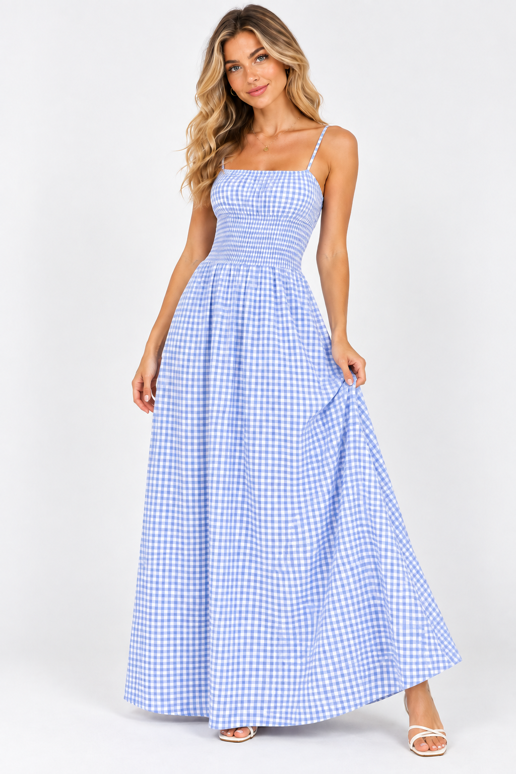 Sienna Gingham Shirred Maxi Dress Olive
