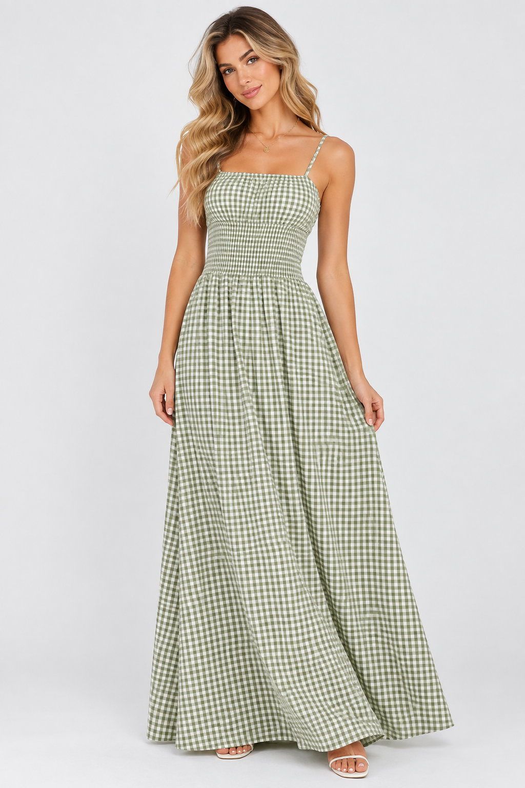 Sienna Gingham Shirred Maxi Dress Olive