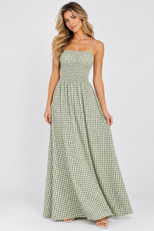 Sienna Gingham Shirred Maxi Dress Olive