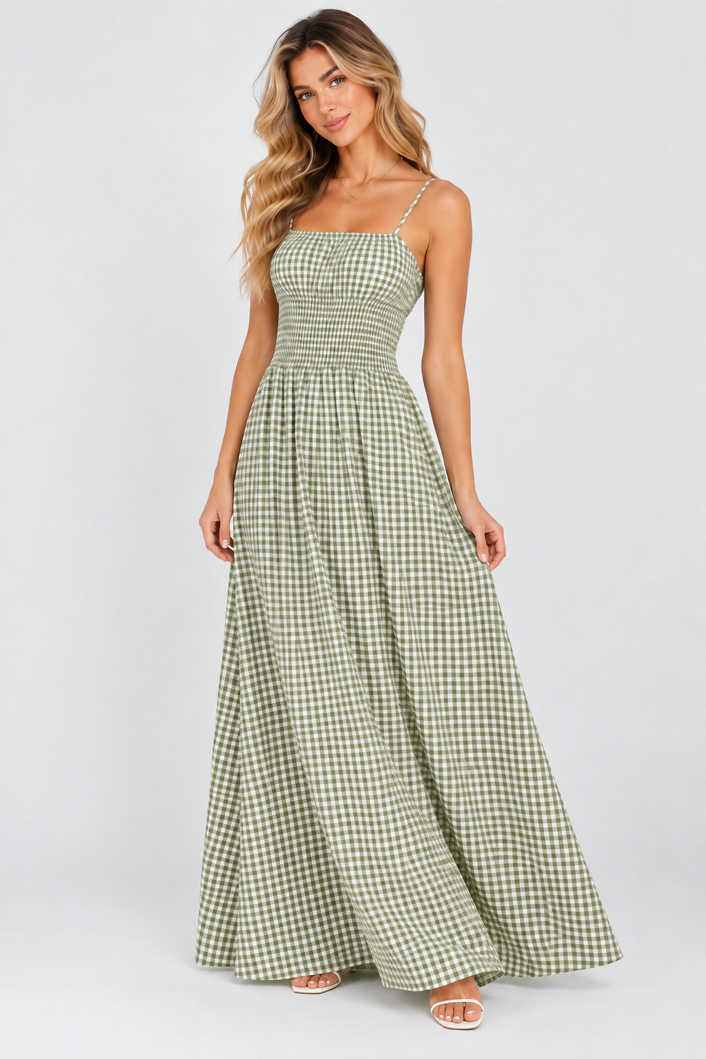 Sienna Gingham Shirred Maxi Dress Olive