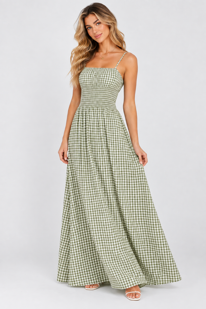 Sienna Gingham Shirred Maxi Dress Olive