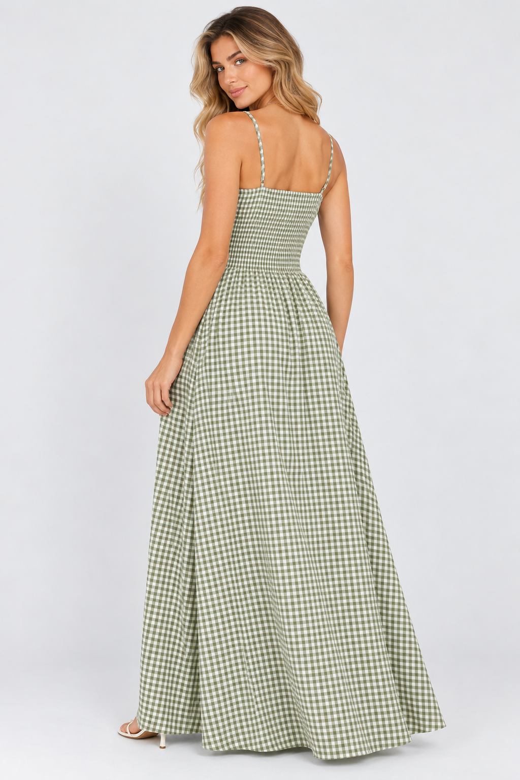 Sienna Gingham Shirred Maxi Dress Olive