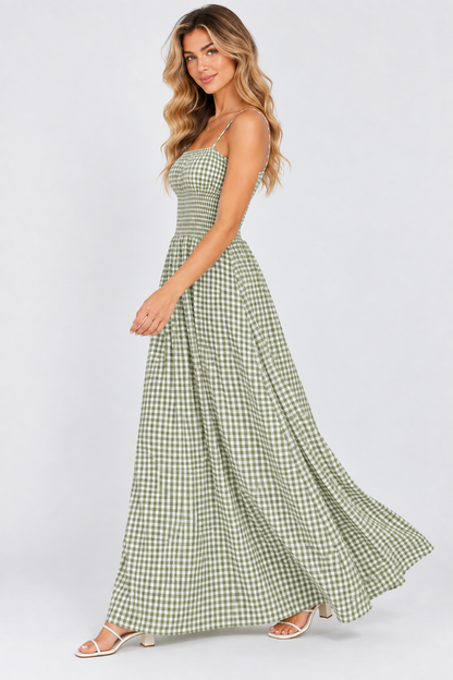 Sienna Gingham Shirred Maxi Dress Olive