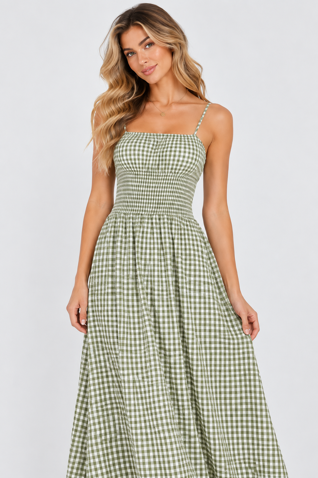 Sienna Gingham Shirred Maxi Dress Olive