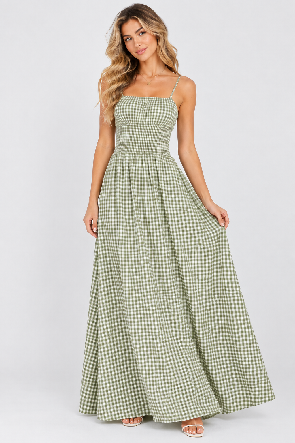 Sienna Gingham Shirred Maxi Dress Olive