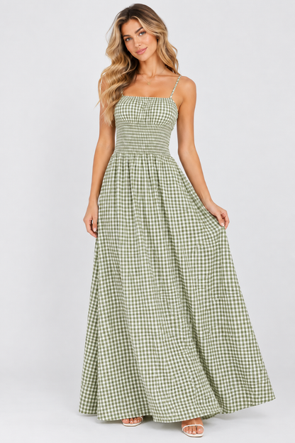 Sienna Gingham Shirred Maxi Dress Olive