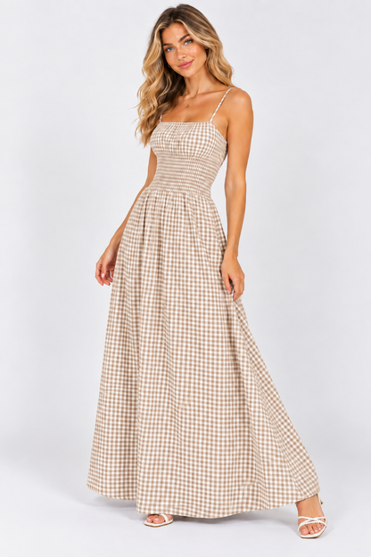 Sienna Gingham Shirred Maxi Dress Olive
