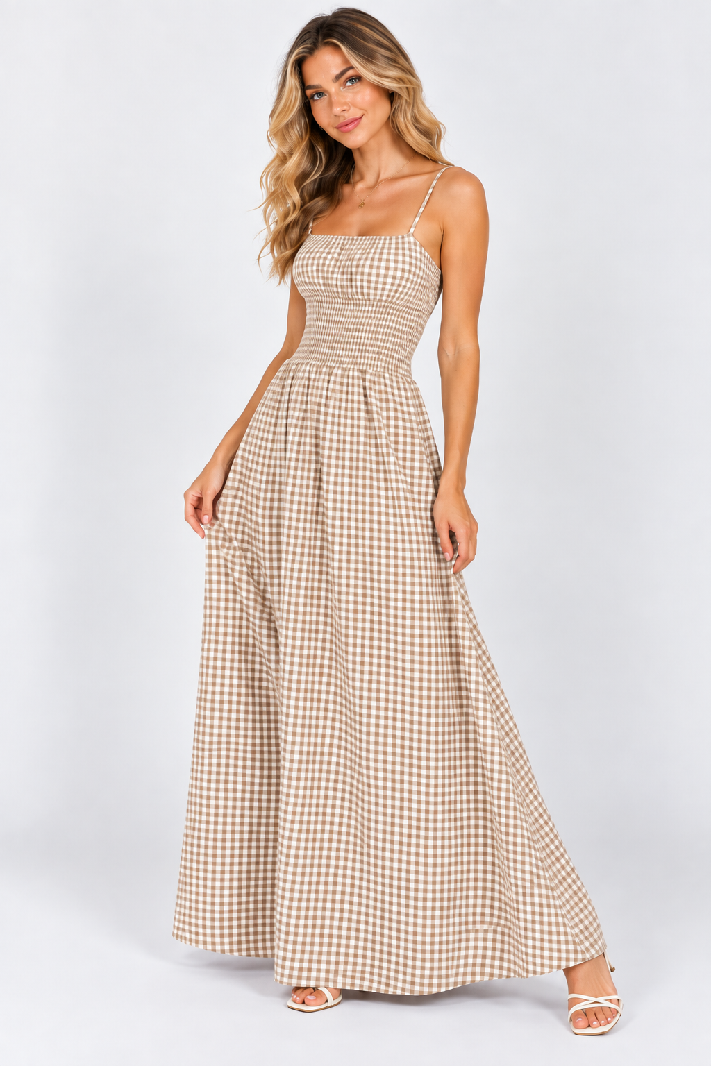 Sienna Gingham Shirred Maxi Dress Olive