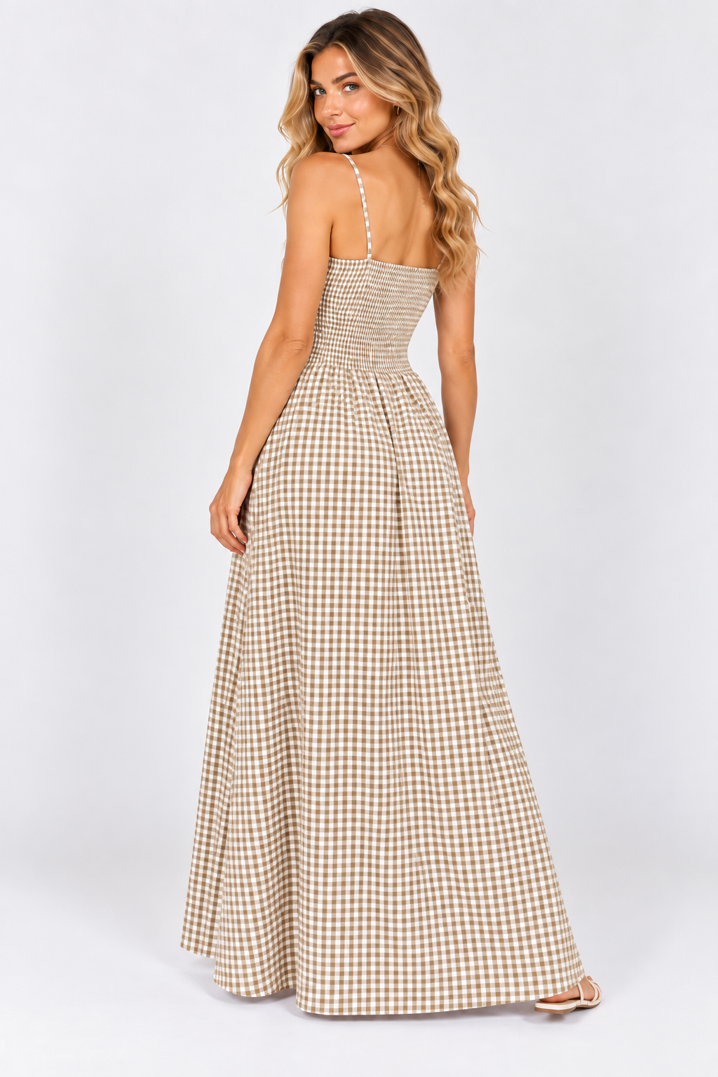 Sienna Gingham Shirred Maxi Dress Olive