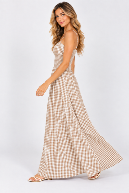 Sienna Gingham Shirred Maxi Dress Olive
