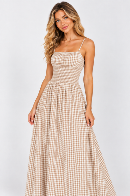 Sienna Gingham Shirred Maxi Dress Olive