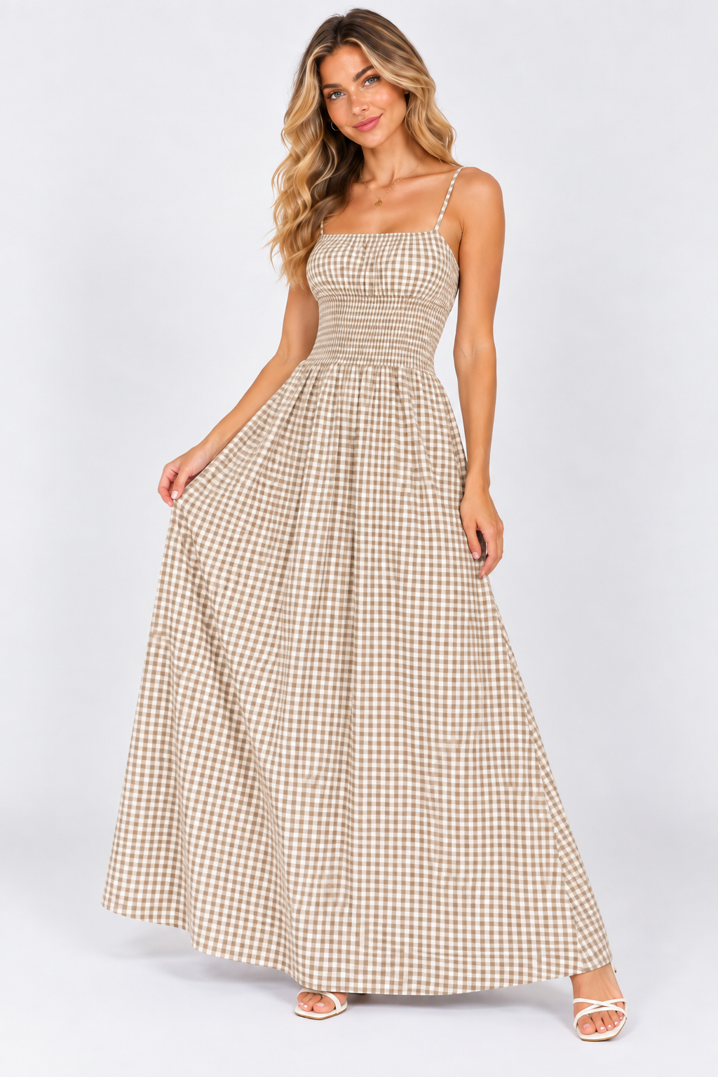 Sienna Gingham Shirred Maxi Dress Olive