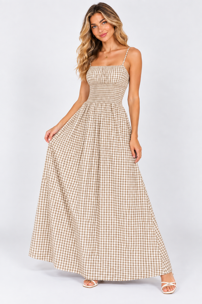 Sienna Gingham Shirred Maxi Dress Olive